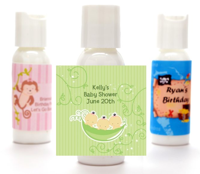  Triplets Three Peas in a Pod Asian - Personalized Baby Shower Lotion Favors 2 Boys 1 Girl