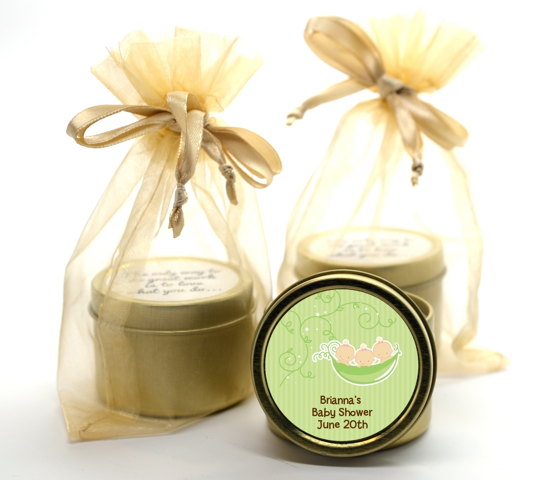  Triplets Three Peas in a Pod Caucasian - Baby Shower Gold Tin Candle Favors 2 Boys 1 Girl
