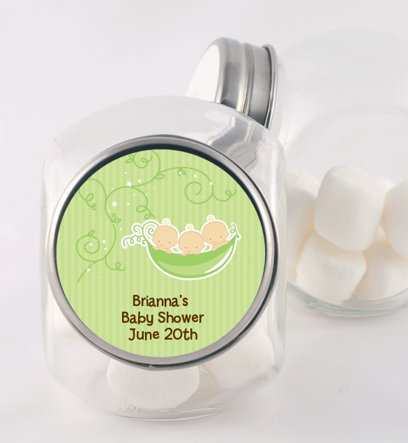  Triplets Three Peas in a Pod Caucasian - Personalized Baby Shower Candy Jar 2 Boys 1 Girl