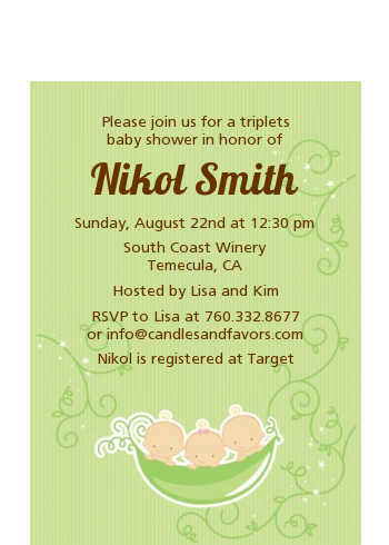  Triplets Three Peas in a Pod Caucasian - Baby Shower Petite Invitations 2 Boys 1 Girl