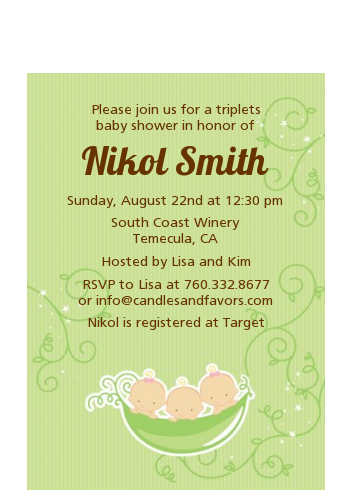  Triplets Three Peas in a Pod Caucasian - Baby Shower Petite Invitations 2 Boys 1 Girl