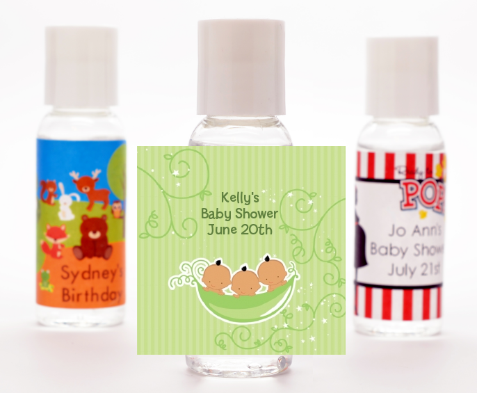  Triplets Three Peas in a Pod Hispanic - Personalized Baby Shower Hand Sanitizers Favors 2 Boys 1 Girl