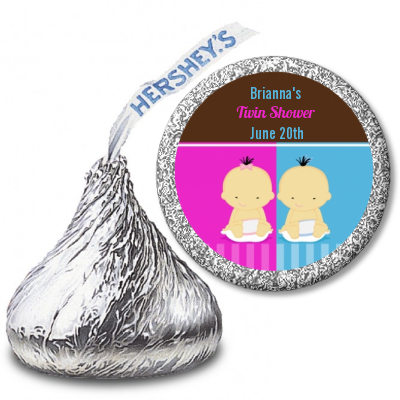 Twin Babies 1 Boy and 1 Girl Asian - Hershey Kiss Baby Shower Sticker Labels
