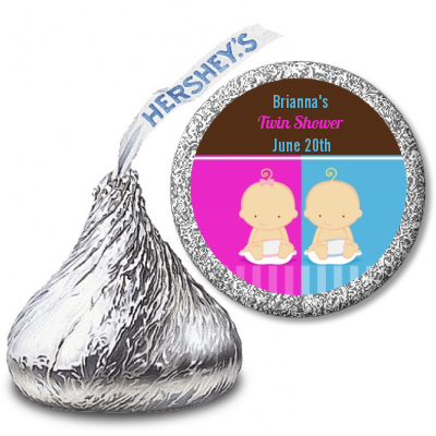 Twin Babies 1 Boy and 1 Girl Caucasian - Hershey Kiss Baby Shower Sticker Labels
