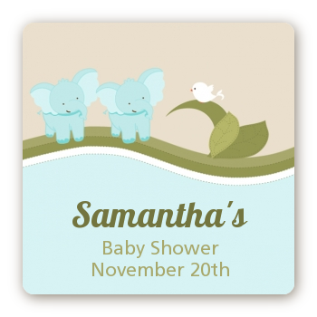 Twin Elephant Boys - Square Personalized Baby Shower Sticker Labels