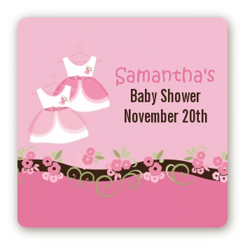 Twin Little Girl Outfits - Square Personalized Baby Shower Sticker Labels