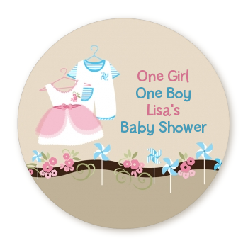  Twin Little Outfits 1 Boy and 1 Girl - Round Personalized Baby Shower Sticker Labels 