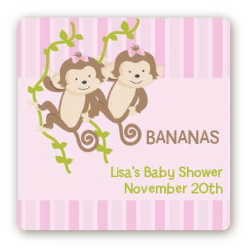 Twin Monkey Girls - Square Personalized Baby Shower Sticker Labels