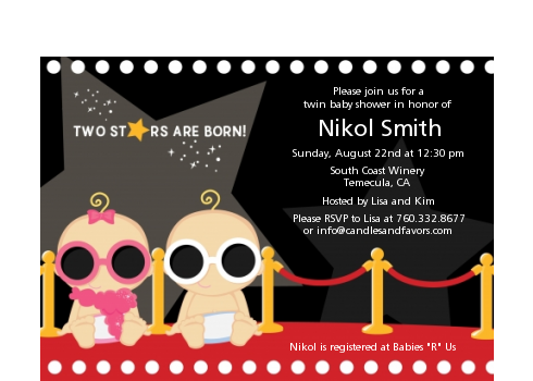  Twin Stars Are Born Hollywood - Baby Shower Petite Invitations 1 Girl 1 Boy
