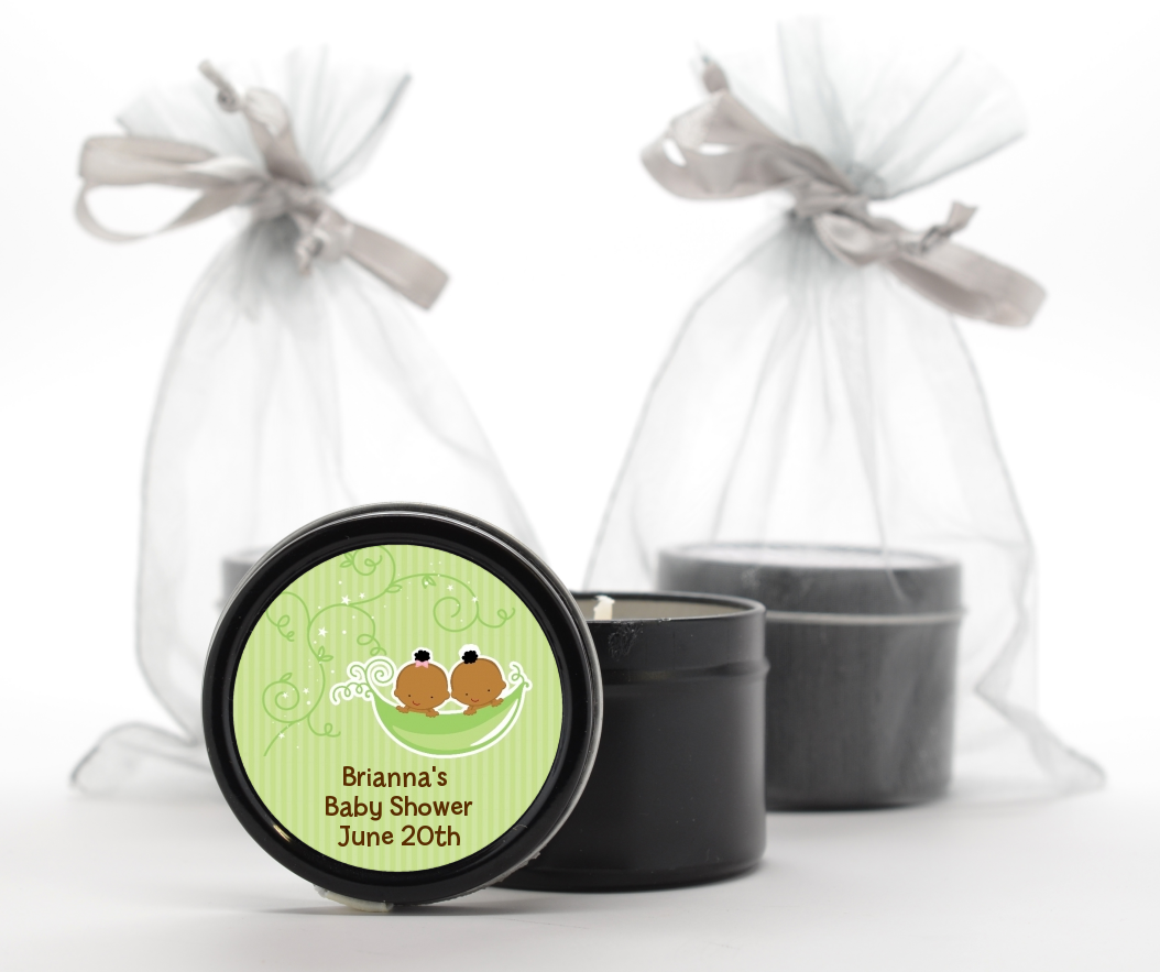  Twins Two Peas in a Pod African American - Baby Shower Black Candle Tin Favors One Girl One Boy