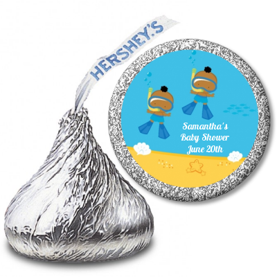 Under the Sea African American Baby Boy Twins Snorkeling - Hershey Kiss Baby Shower Sticker Labels
