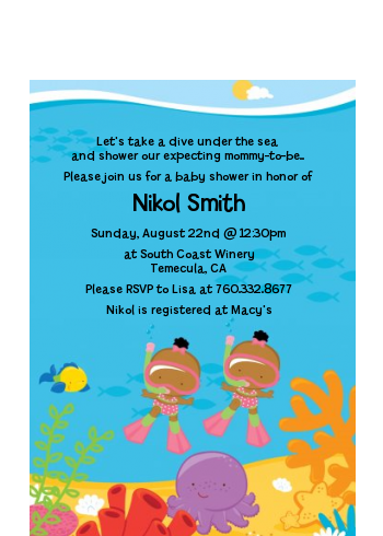 Under the Sea African American Baby Girl Twins Snorkeling - Baby Shower Petite Invitations