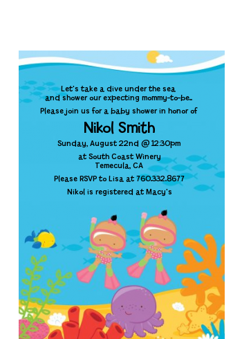 Under the Sea Hispanic Baby Girl Twins Snorkeling - Baby Shower Petite Invitations