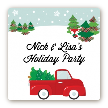 Vintage Red Truck With Tree - Square Personalized Christmas Sticker Labels