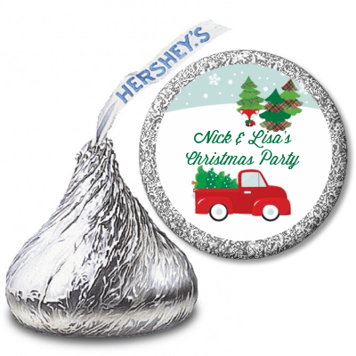Vintage Red Truck With Tree - Hershey Kiss Christmas Sticker Labels