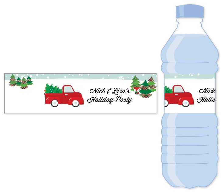 Vintage Red Truck With Tree Water Bottle Label Christmas Water
