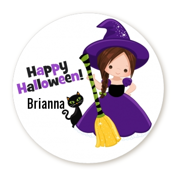  Witch and Broom Stick - Round Personalized Halloween Sticker Labels Option 1