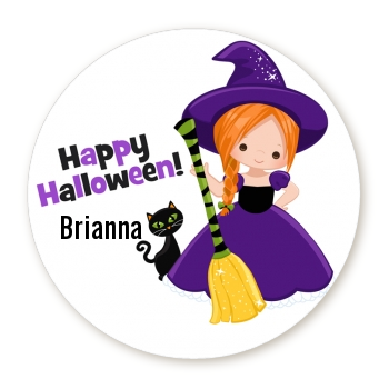  Witch and Broom Stick - Round Personalized Halloween Sticker Labels Option 1