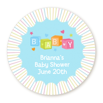 Baby Blocks Blue - Round Personalized Baby Shower Sticker Labels 