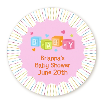  Baby Blocks Pink - Round Personalized Baby Shower Sticker Labels 