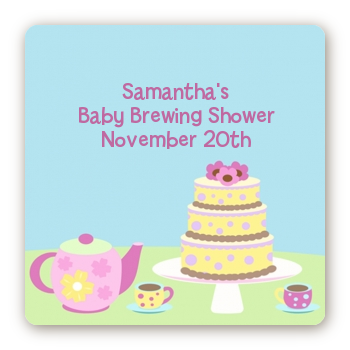 Baby Brewing Tea Party - Square Personalized Baby Shower Sticker Labels