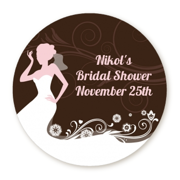  Bridal Silhouette Floral Pink - Round Personalized Bridal Shower Sticker Labels 