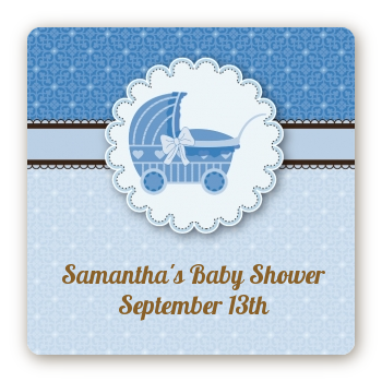Carriage Blue - Square Personalized Baby Shower Sticker Labels