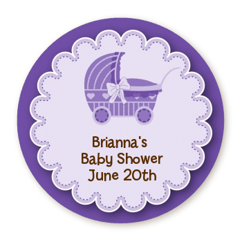  Carriage - Round Personalized Baby Shower Sticker Labels Purple