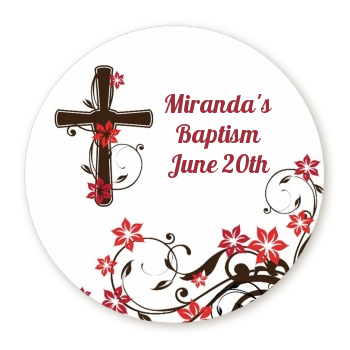  Cross Floral Blossom - Round Personalized Baptism / Christening Sticker Labels 