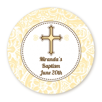  Cross Yellow & Brown - Round Personalized Baptism / Christening Sticker Labels 