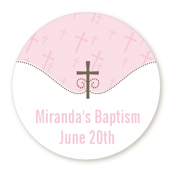 Baptism Labels with Pink Cross 36 count, 2.5 inch round Pink Christening Stickers 