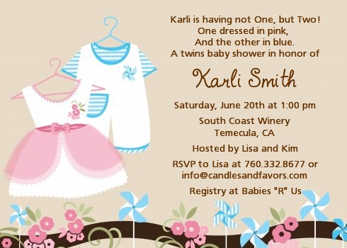 twin little outfits 1 boy and 1 girl baby shower invitations added