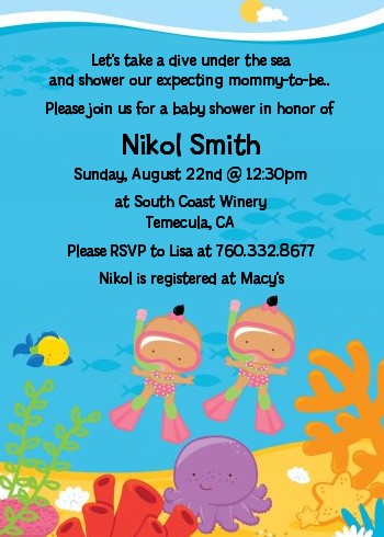 Under the Sea Hispanic Baby Girl Twins Snorkeling - Baby Shower Invitations