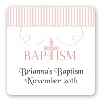 Cross Pink Necklace - Square Personalized Baptism / Christening Sticker Labels