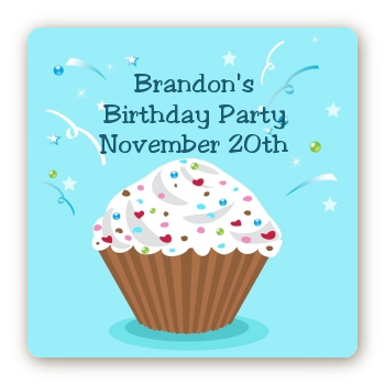 Cupcake Boy - Square Personalized Birthday Party Sticker Labels