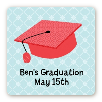 Graduation Cap Red - Square Personalized Graduation Party Sticker Labels