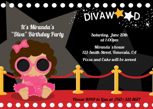  Hollywood Diva on the Red Carpet - Birthday Party Invitations Brown Hair