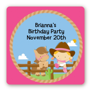 Little Cowgirl - Square Personalized Birthday Party Sticker Labels