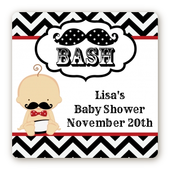  Little Man Mustache Black/Grey - Square Personalized Baby Shower Sticker Labels Caucasian