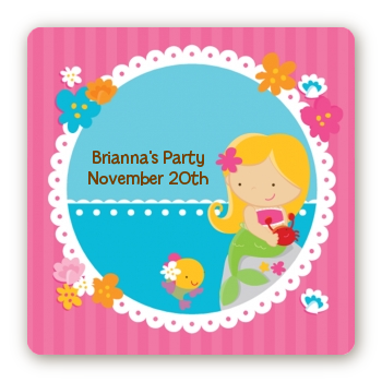 Mermaid Blonde Hair - Square Personalized Birthday Party Sticker Labels