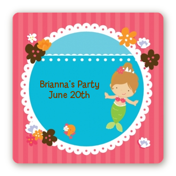 Mermaid Brown Hair - Square Personalized Birthday Party Sticker Labels