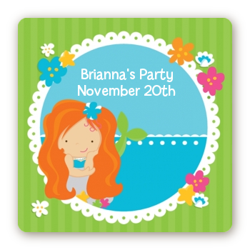 Mermaid Red Hair - Square Personalized Birthday Party Sticker Labels