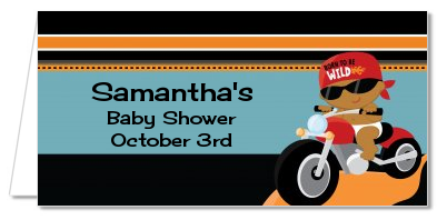 Motorcycle African American Baby Boy - Personalized Baby Shower Place Cards