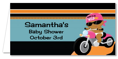 Motorcycle African American Baby Girl - Personalized Baby Shower Place Cards