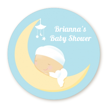  Over The Moon Boy - Round Personalized Baby Shower Sticker Labels 