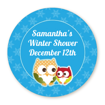  Owl - Winter Theme or Christmas - Round Personalized Baby Shower Sticker Labels 