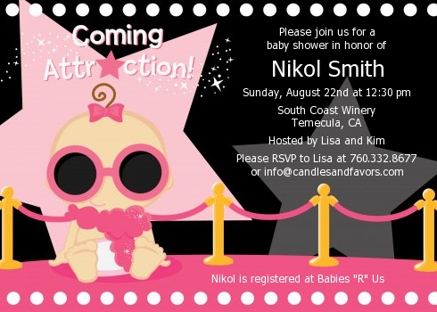 A Star Is Born Hollywood Black Pink Baby Shower Invitations A Star Is Born Hollywood Black Pink Baby Shower Invitations Brown Hair