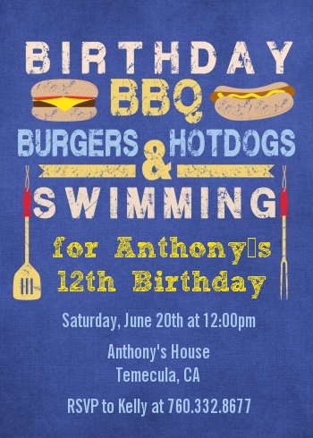  BBQ Hotdogs and Hamburgers - Birthday Party Invitations Celebration
