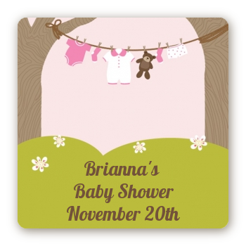 Clothesline It's A Girl - Square Personalized Baby Shower Sticker Labels