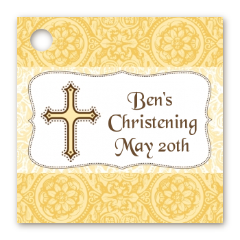 Cross Yellow & Brown - Personalized Baptism / Christening Card Stock Favor Tags